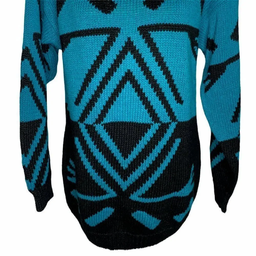 Vintage Mock Neck Chunky Knit Sweater S Blue Black